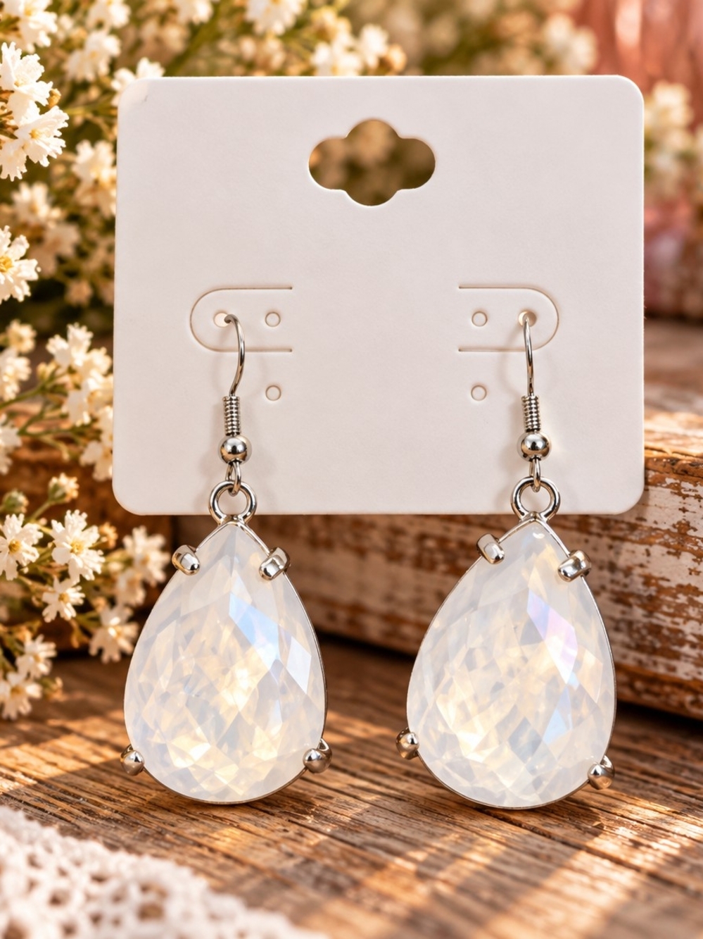 Elegant Teardrop Opal Glass Style Dangle Earrings - White